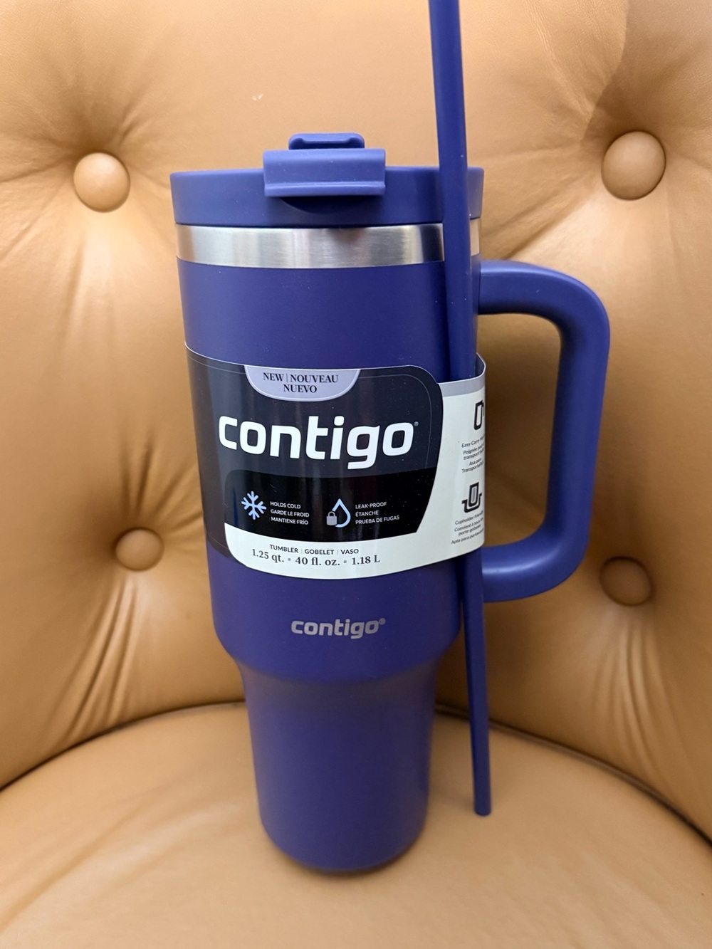 NWT Contigo Blue Travel Tumbler with Handle and Stainless Accent 40oz with straw